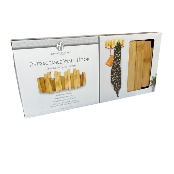 Retractable Bamboo Wall Hooks 15" x 6.5". 5 Hooks Hardware Incl. Huntington Home - Picture 9 of 10
